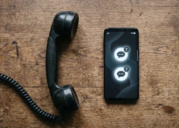 A conceptual image showing a traditional telephone and a smartphone on a desk.