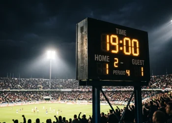 A stadium scoreboard showing the final minutes of a match under floodlights.