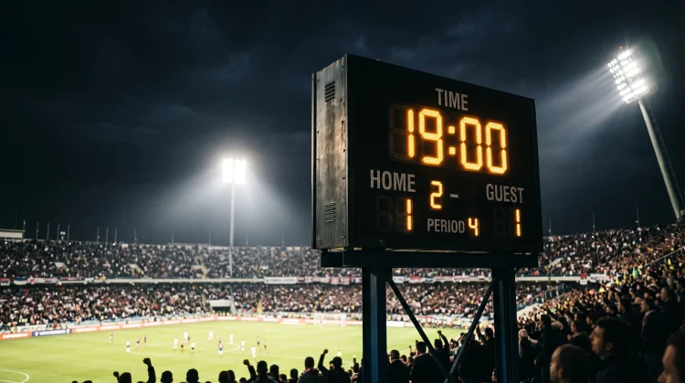A stadium scoreboard showing the final minutes of a match under floodlights.
