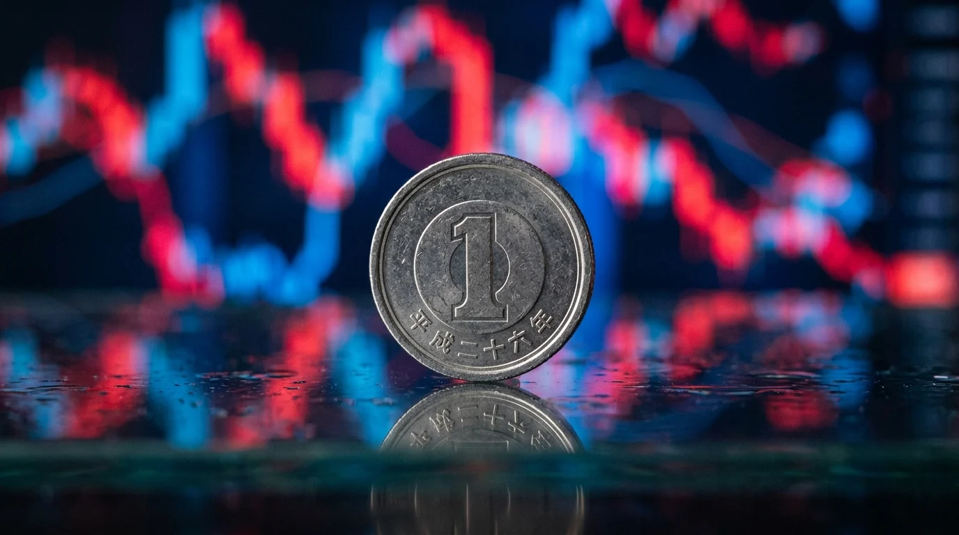 Conceptual close-up of a Japanese Yen coin against a bokeh background.