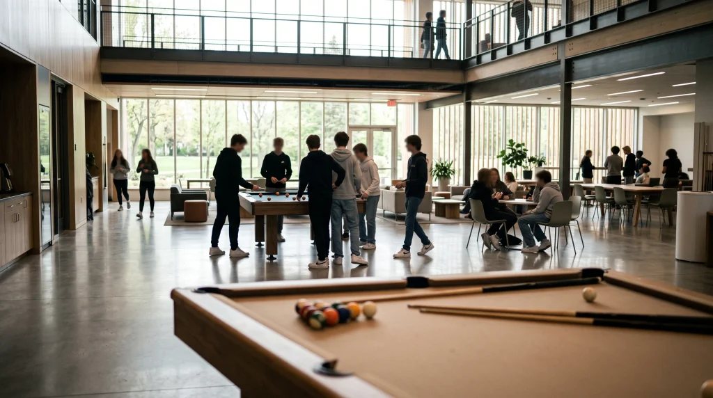 Conceptual image of a youth centre interior with silhouettes of people.