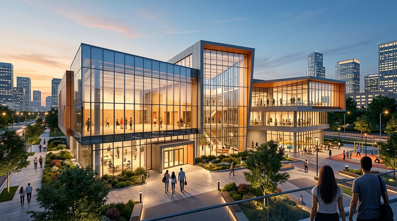 Architectural rendering of a modern community facility.
