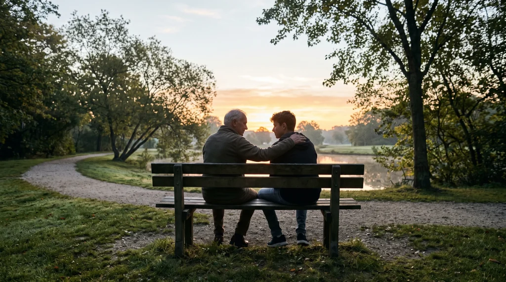 Conceptual image of two men sitting on a park bench representing mentorship.