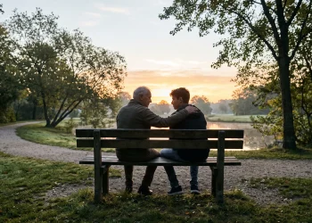 Conceptual image of two men sitting on a park bench representing mentorship.