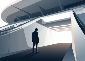A silhouette of a young footballer in a stadium tunnel.