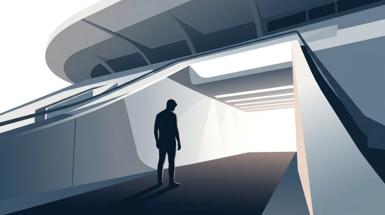 A silhouette of a young footballer in a stadium tunnel.
