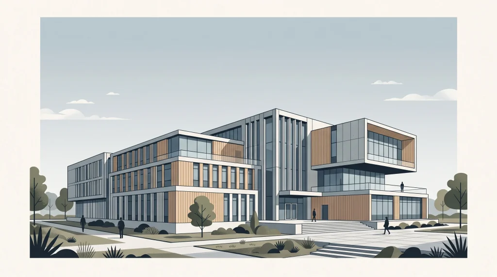 A conceptual illustration of a school building representing educational infrastructure.