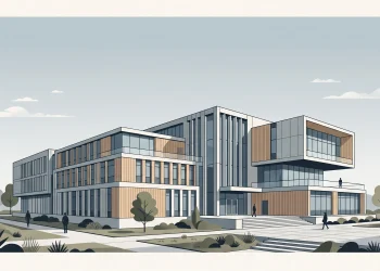 A conceptual illustration of a school building representing educational infrastructure.