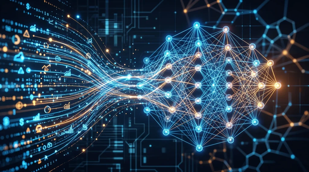 Conceptual visualization of digital financial data and artificial intelligence networks.
