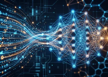Conceptual visualization of digital financial data and artificial intelligence networks.