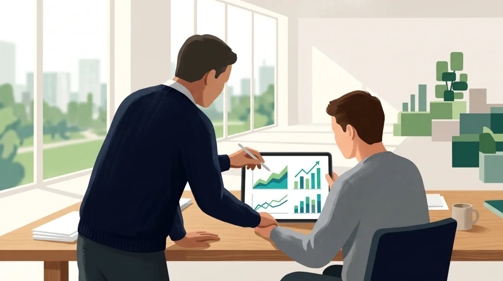 Conceptual illustration of mentoring and professional development in a modern workspace.