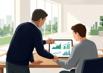 Conceptual illustration of mentoring and professional development in a modern workspace.