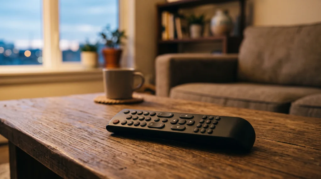 A television remote control on a table in a dimly lit room.