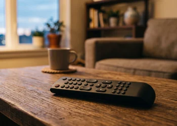 A television remote control on a table in a dimly lit room.