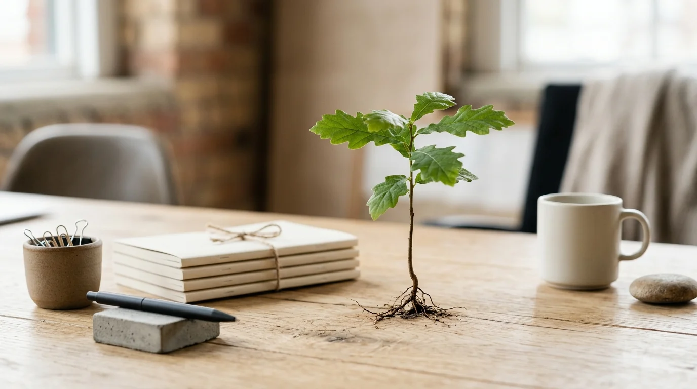 A small plant growing on an office desk symbolizing business development.