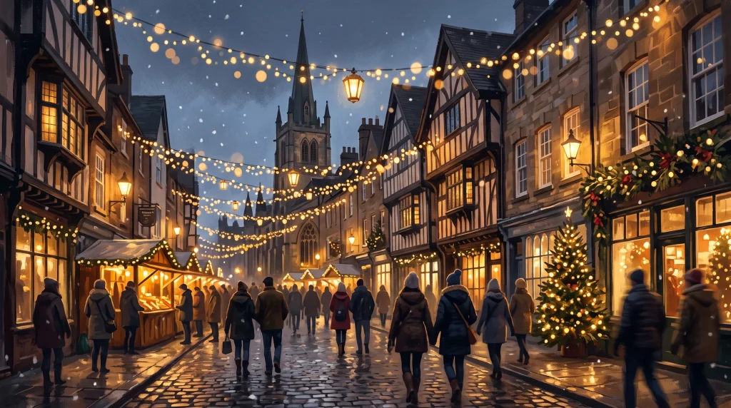 A conceptual illustration of festive golden lights glowing in a city centre.