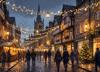 A conceptual illustration of festive golden lights glowing in a city centre.