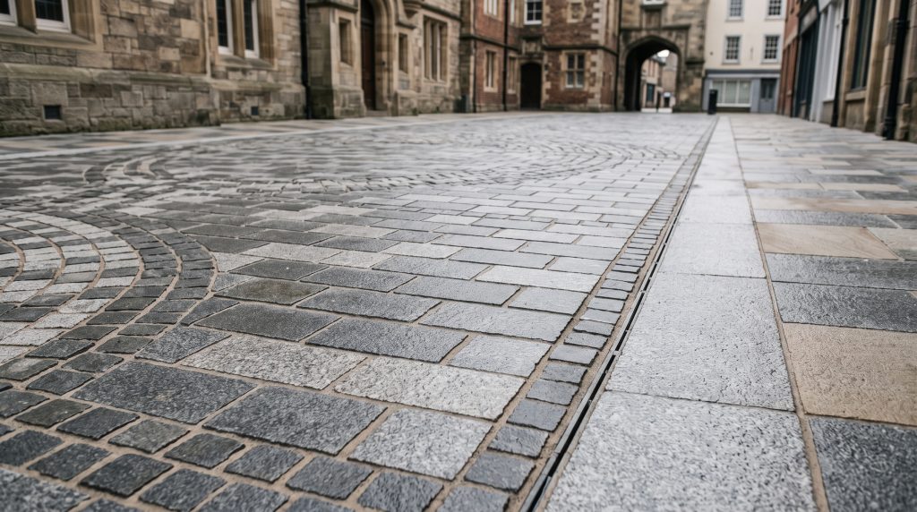 A close-up of stone paving used in a town centre improvement scheme.