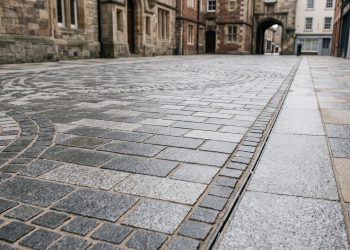 A close-up of stone paving used in a town centre improvement scheme.