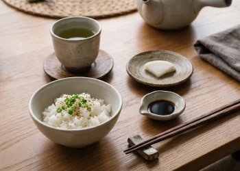 A conceptual close-up of a wooden table surface with a neutral ceramic plate.