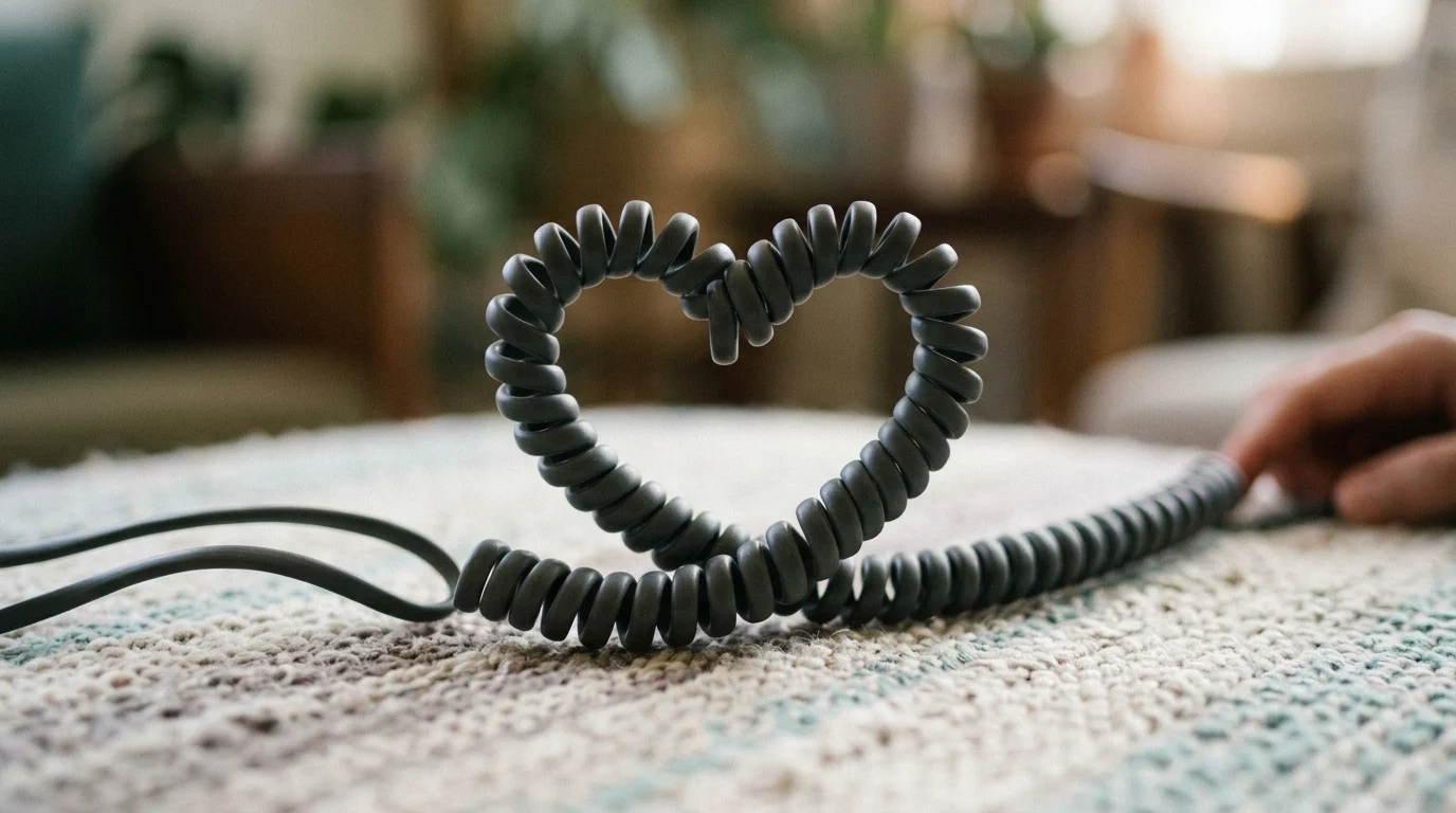 An abstract heart shape formed by a telephone cord.