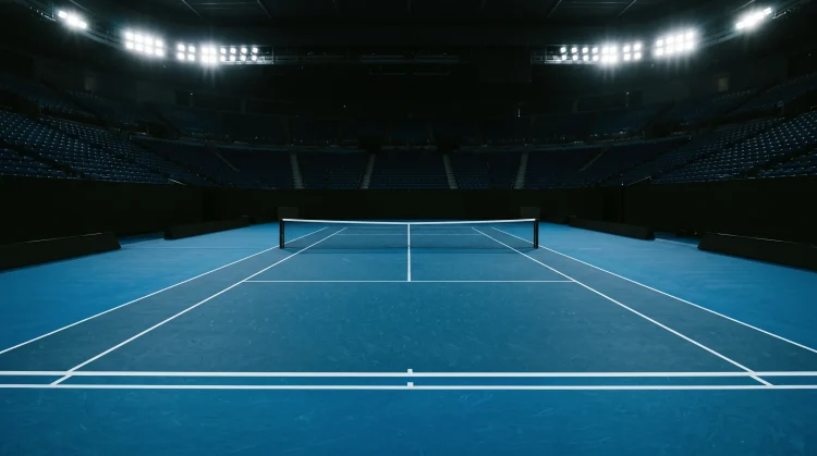 A professional blue hardcourt tennis surface under stadium lighting.