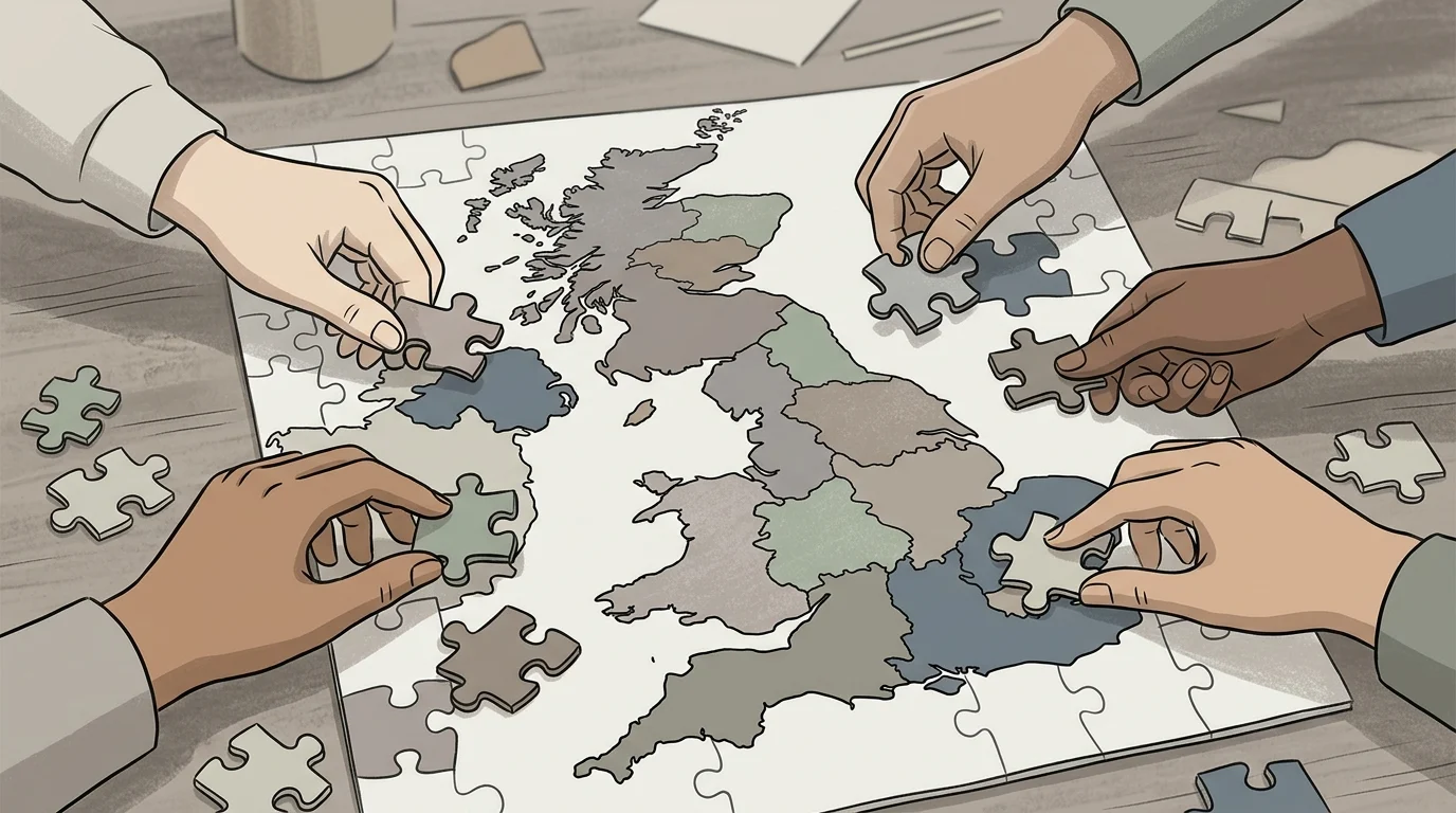 Conceptual image of hands assembling a puzzle map of the UK.