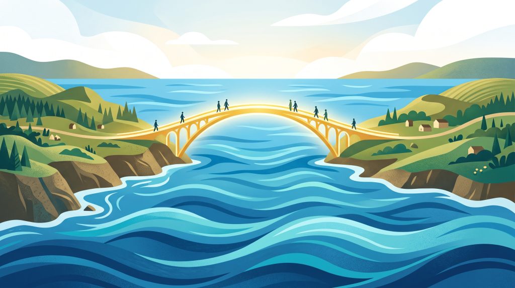 A conceptual illustration of a bridge connecting two landmasses.