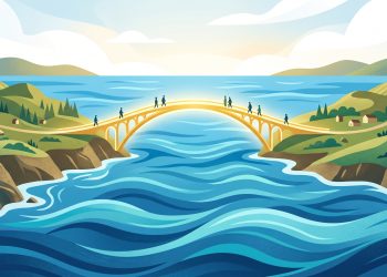 A conceptual illustration of a bridge connecting two landmasses.