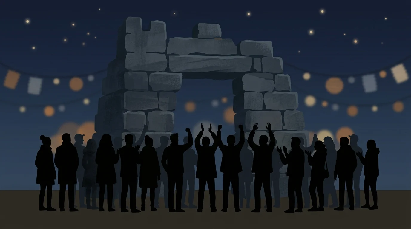 A conceptual illustration of a community celebration at a historic city centre monument.
