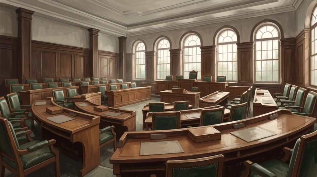 A conceptual illustration of a formal council chamber.