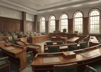 A conceptual illustration of a formal council chamber.