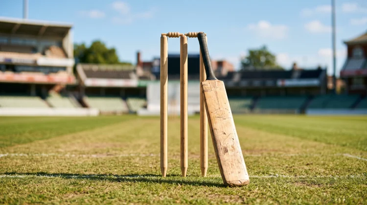 A cricket bat and stumps on a green field in a stadium setting.