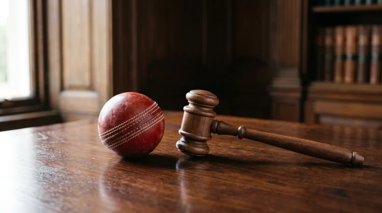 A cricket ball and a gavel on a wooden surface representing sports regulation.