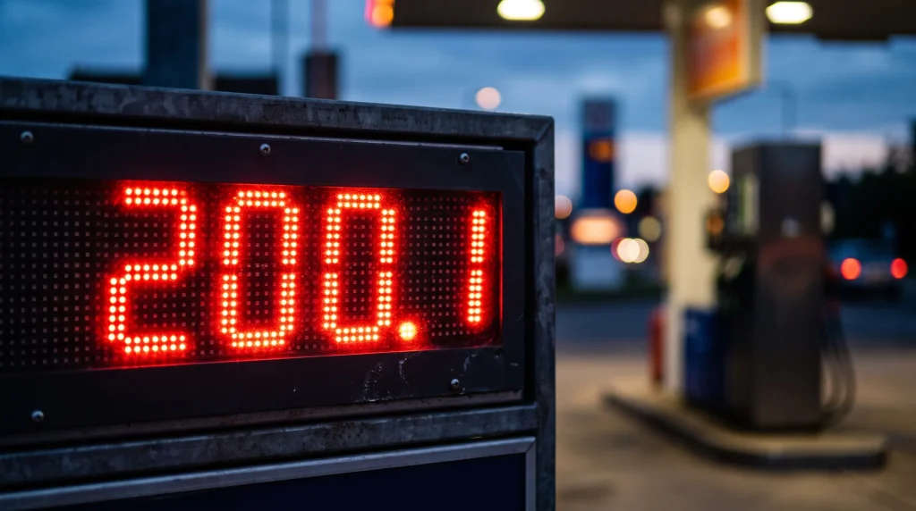 A digital display showing a fuel price of over two hundred pence per litre.