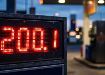 A digital display showing a fuel price of over two hundred pence per litre.