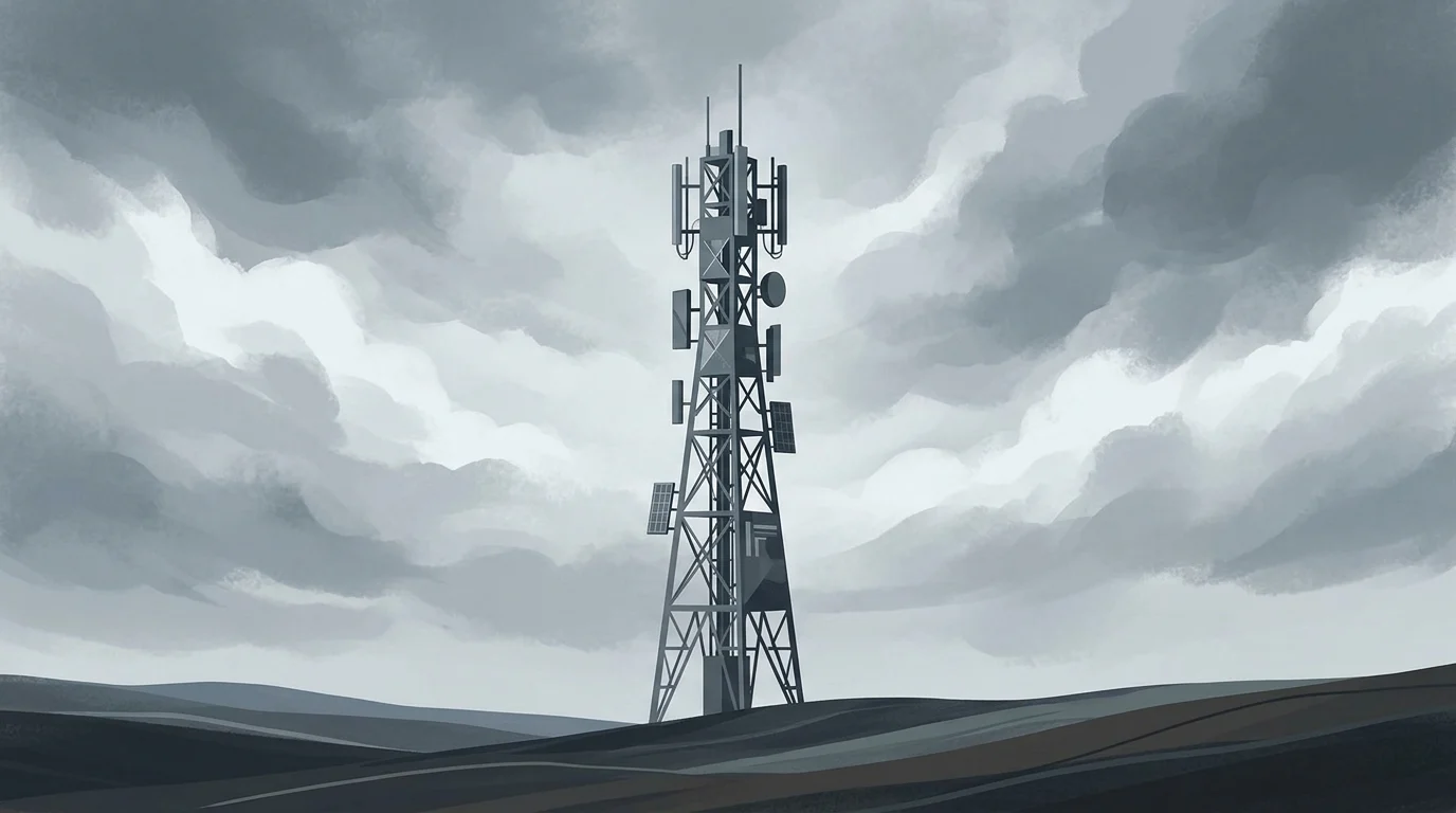 A silhouette of a broadcasting tower against the sky.