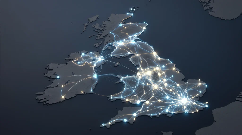 Conceptual illustration of a digital tracking network across a map.