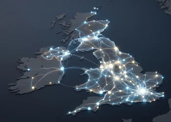 Conceptual illustration of a digital tracking network across a map.