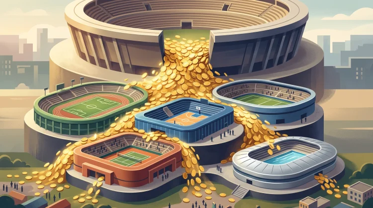 Conceptual illustration of money flowing between different football stadiums.