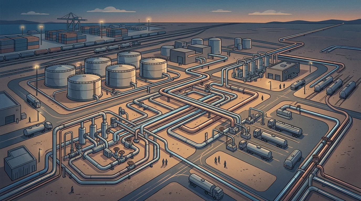 A conceptual view of fuel distribution infrastructure and industrial pipes.