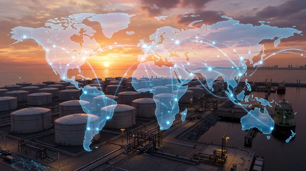 Conceptual illustration of industrial oil storage tanks and a global map.