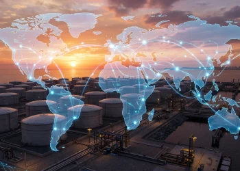 Conceptual illustration of industrial oil storage tanks and a global map.