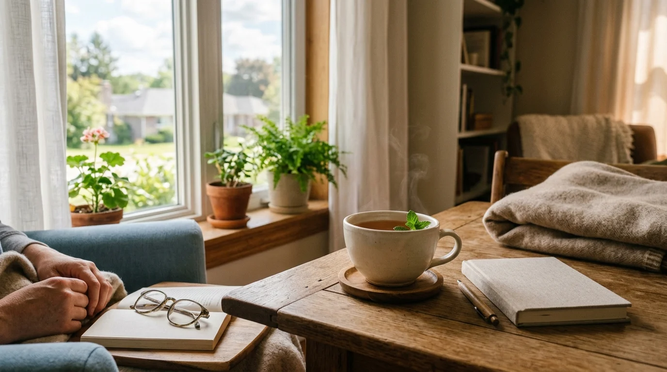 A cup of tea in a sunlit window.
