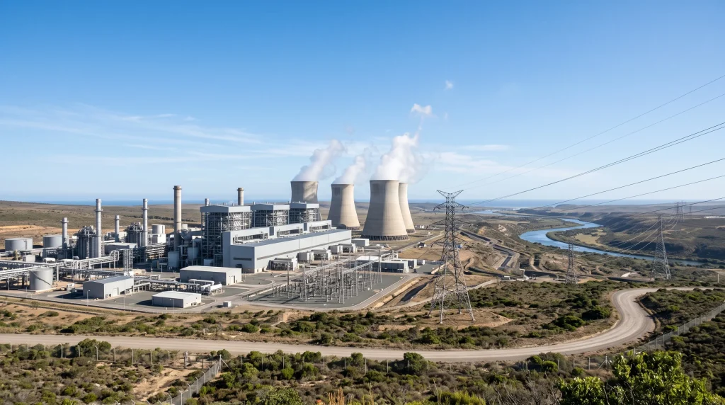 A conceptual view of an industrial manufacturing plant and power infrastructure.