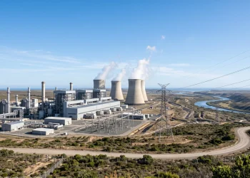 A conceptual view of an industrial manufacturing plant and power infrastructure.