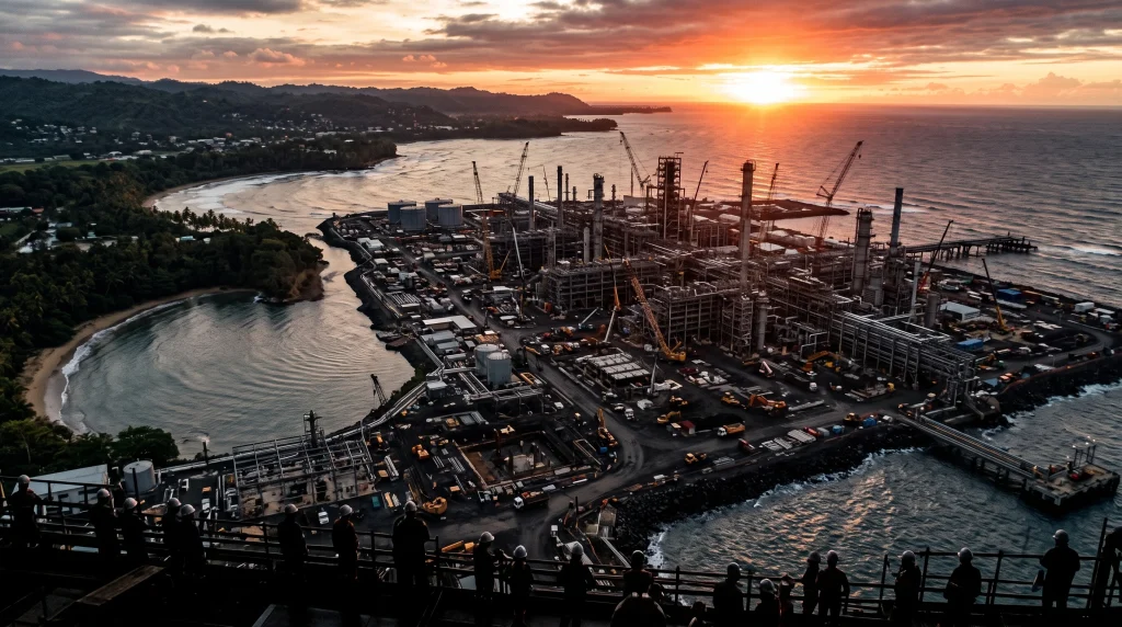 Aerial view of industrial construction on a coastline at dawn.