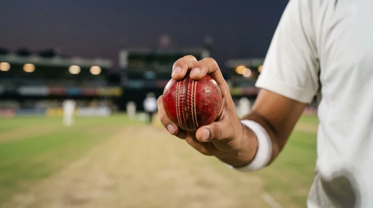 A close-up of a cricket ball held in a leg-spin grip.