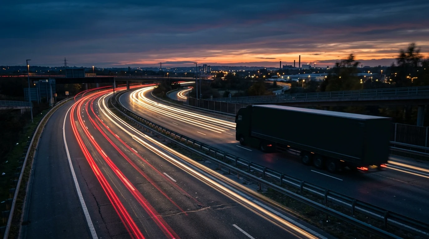 A silhouette of a large truck on a UK motorway at sunset.