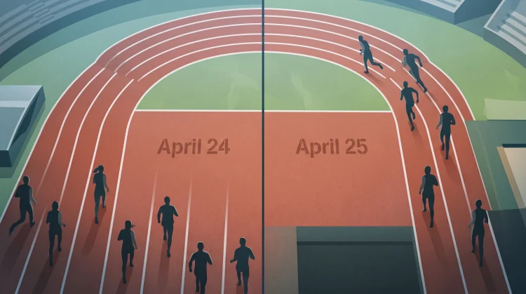 Conceptual illustration of a running track split into two dates for the 2027 .